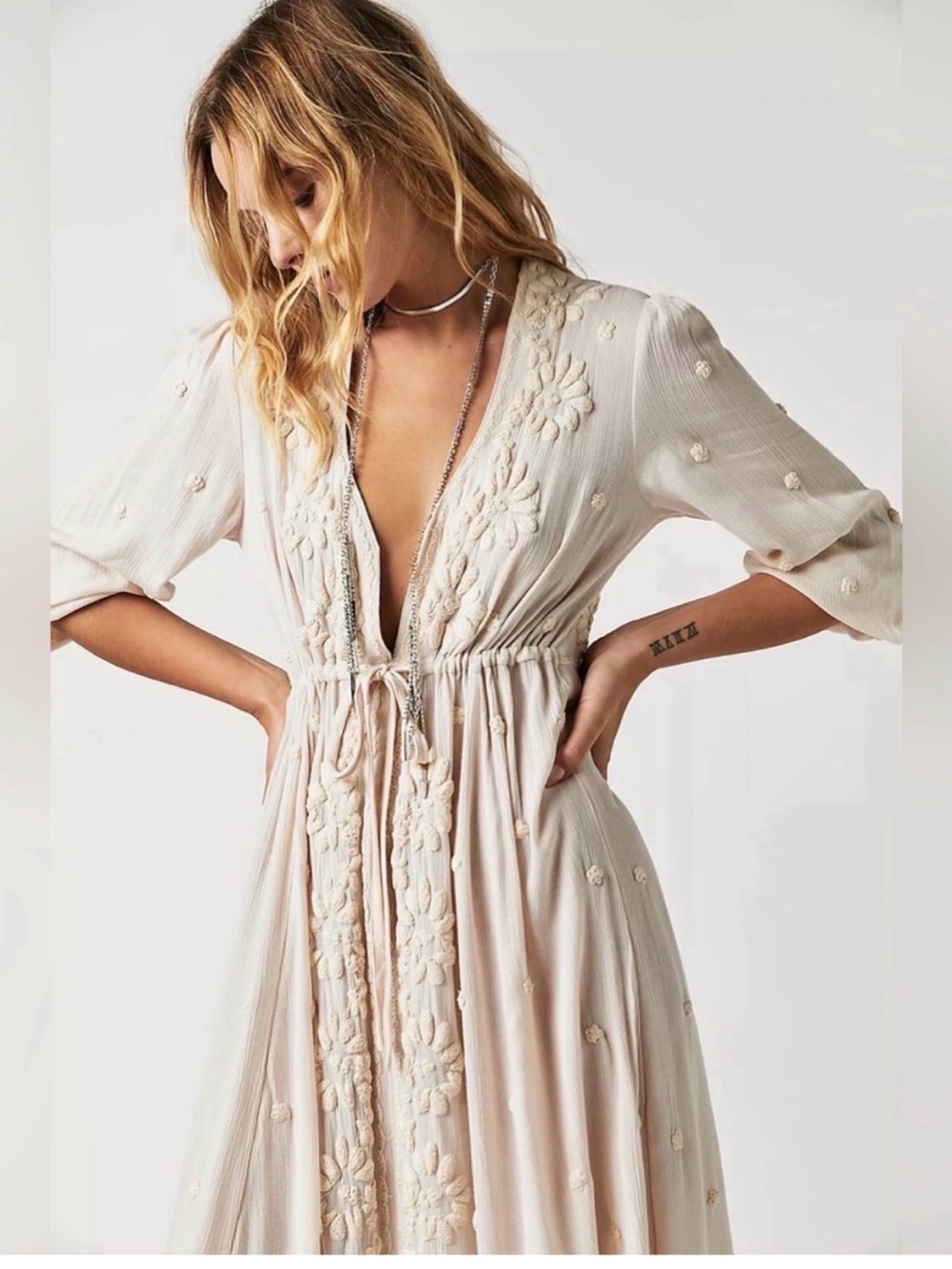 Free People Cream Embroidered Midi Dress